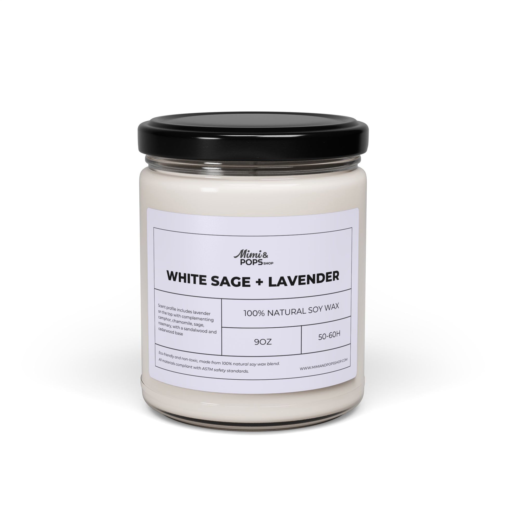 White Sage and Lavender Scented Soy Candle – 9oz glass jar with black lid