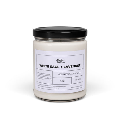 White Sage and Lavender Scented Soy Candle – 9oz glass jar with black lid