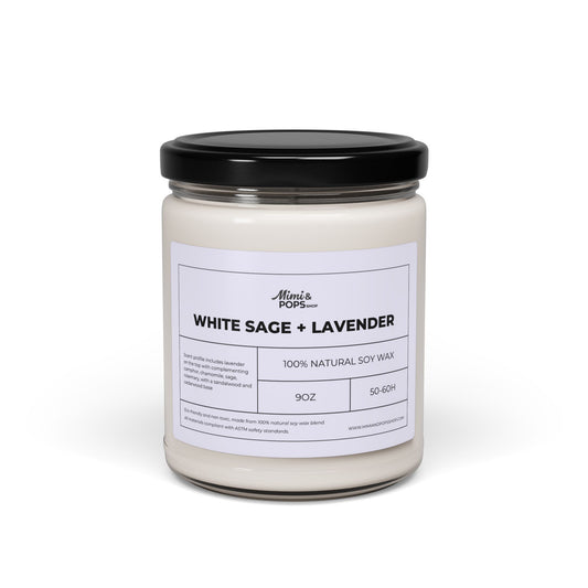 White Sage and Lavender Scented Soy Candle – 9oz glass jar with black lid
