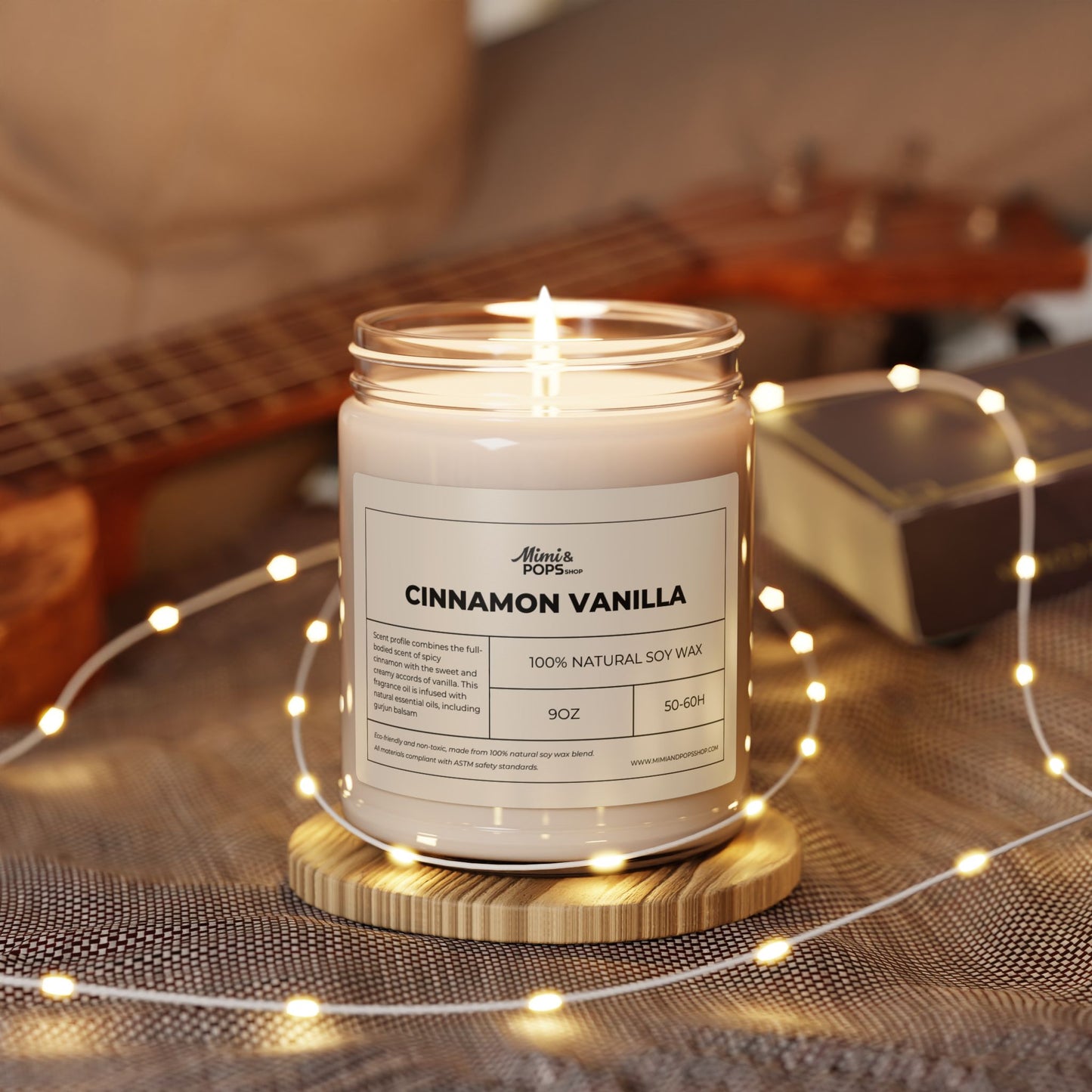 9oz Cinnamon Vanilla Soy Candle on wooden table with cozy decor