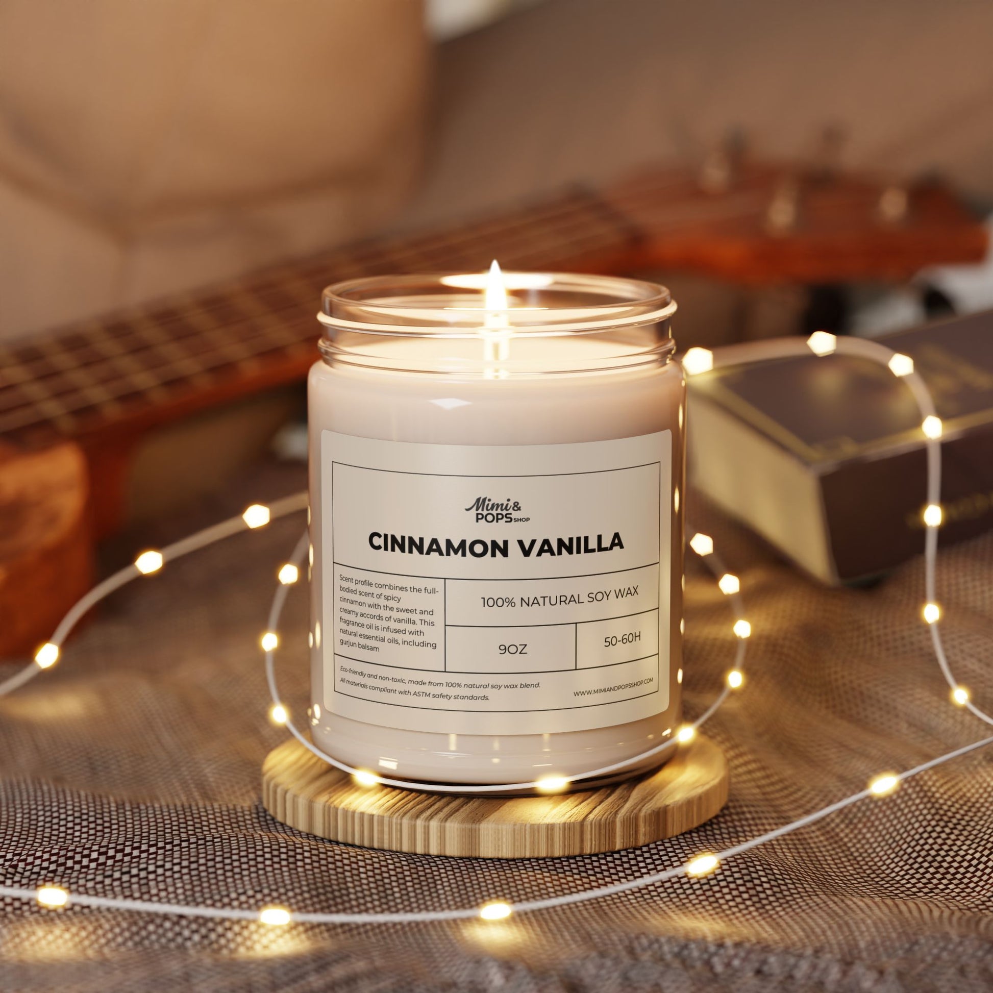 9oz Cinnamon Vanilla Soy Candle on wooden table with cozy decor
