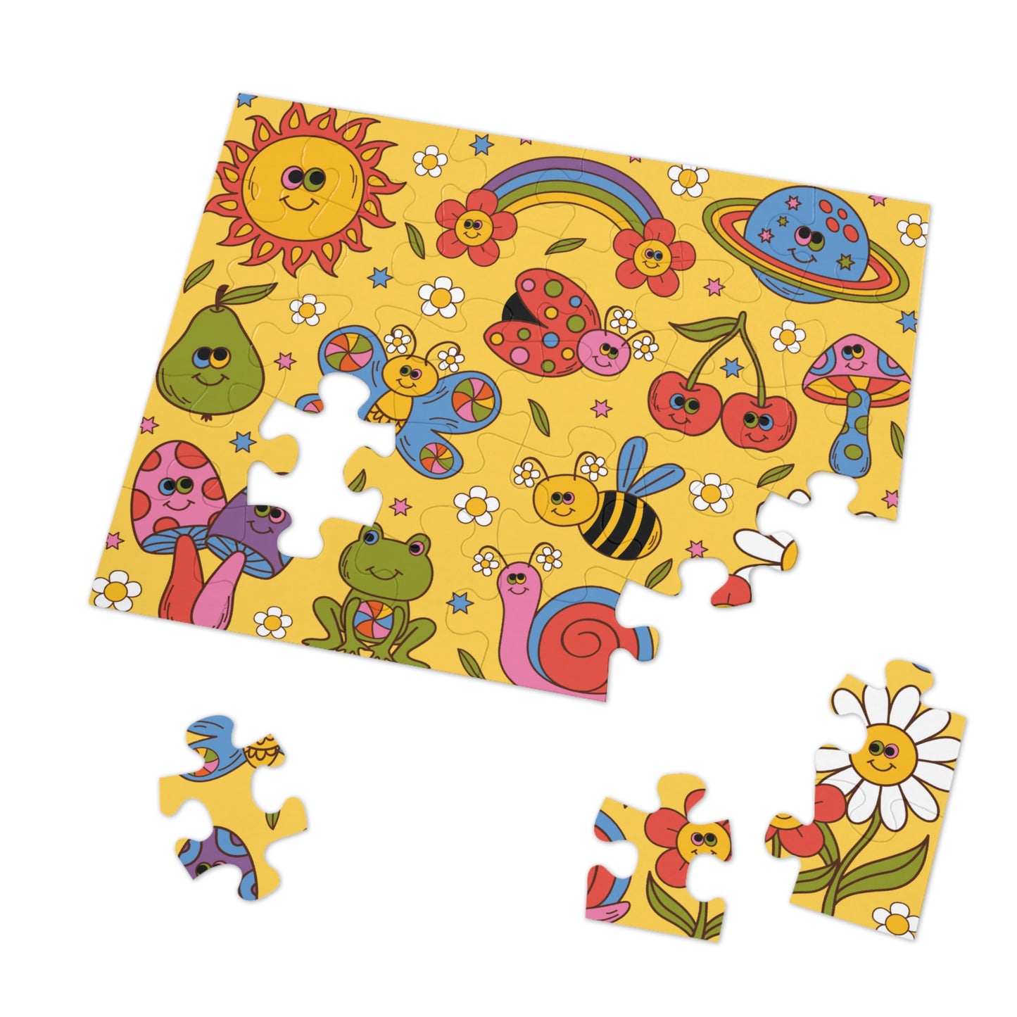 Colorful garden-themed kids puzzle with bugs and flowers
