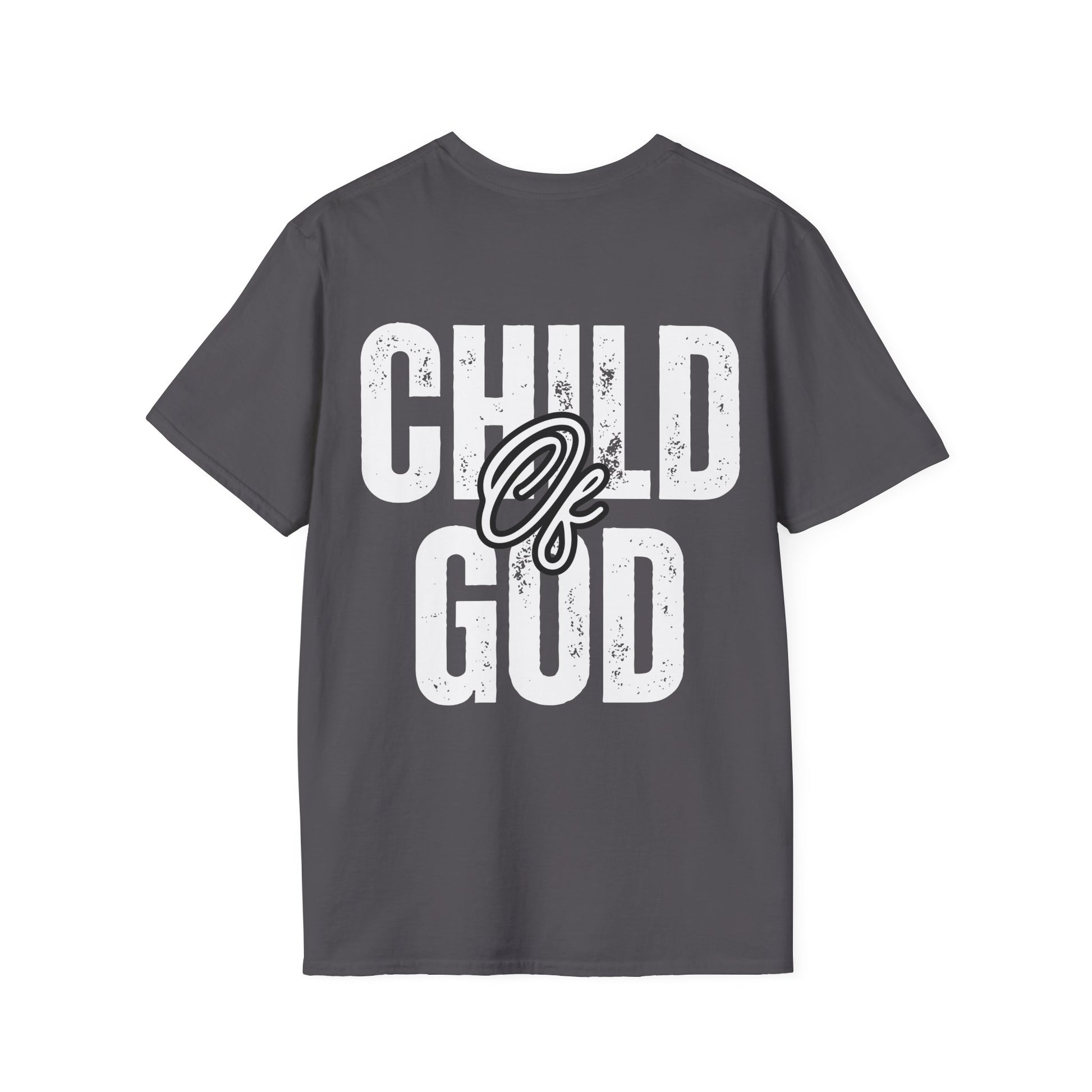 Gray unisex softstyle t-shirt with white 'Child of God' distressed print, laid flat