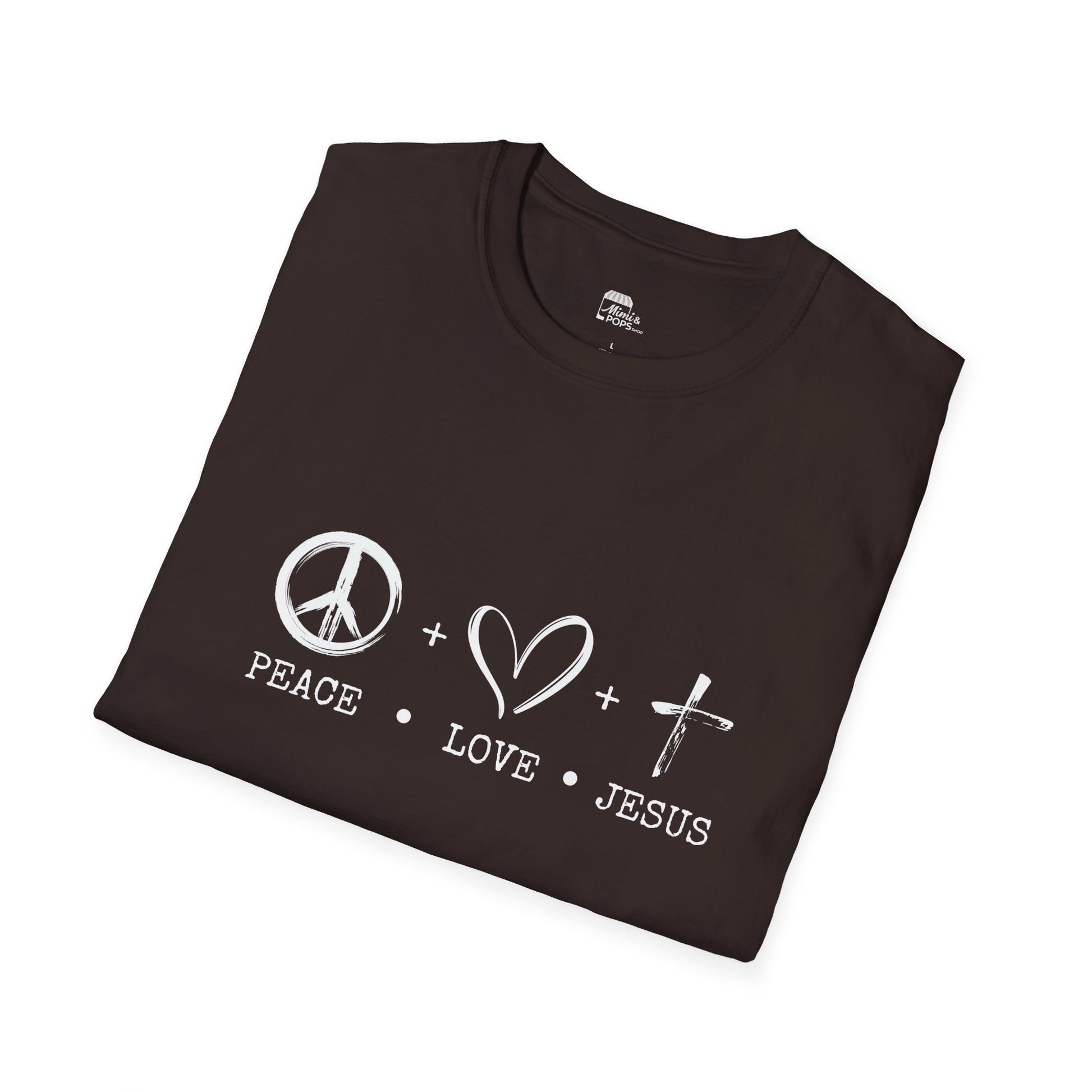 Brown unisex softstyle t-shirt with white 'Child of God' distressed print, laid flat