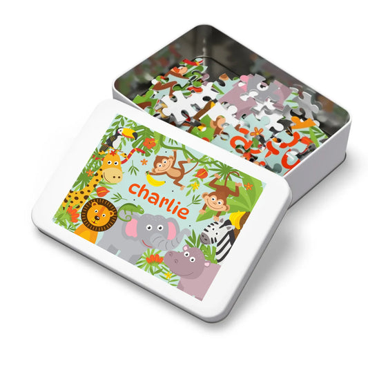 Kids puzzle with lion, monkey, and giraffe – custom name gift for toddlers