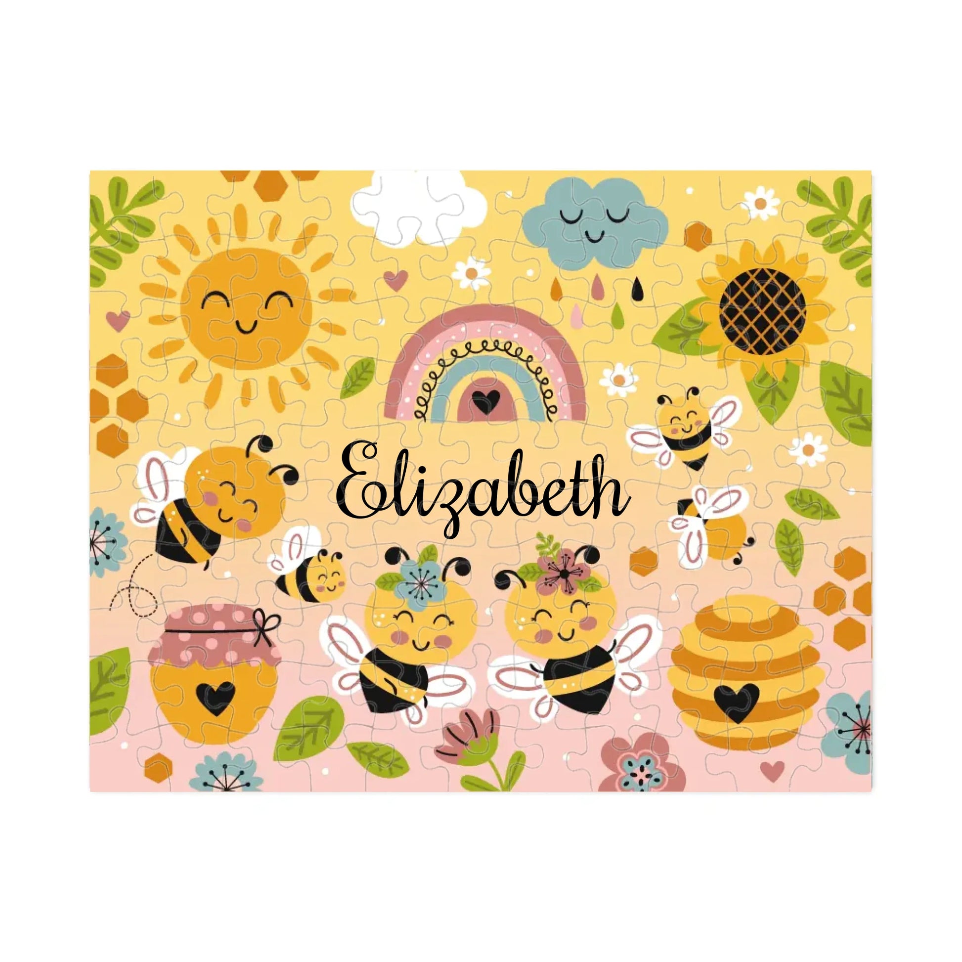 custom name puzzle for toddlers with cheerful bees and flowers