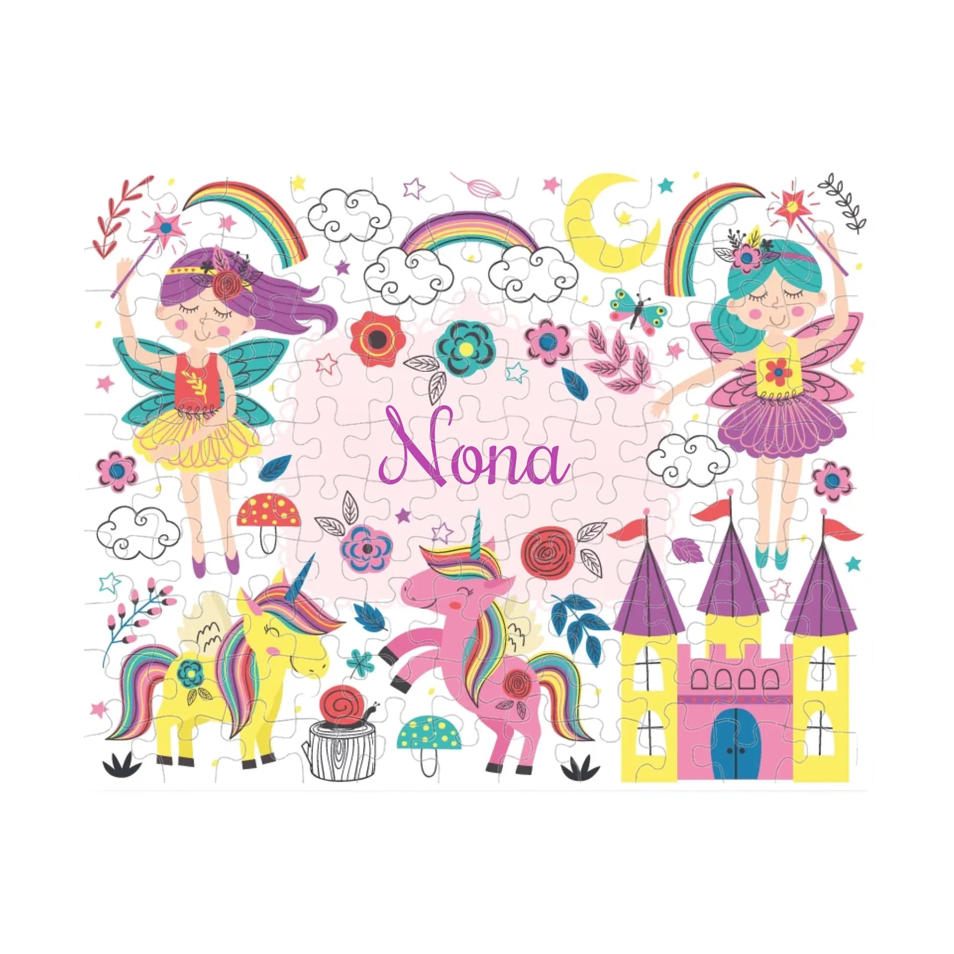 Custom enchanted puzzle gift for kids – magical unicorns and rainbow scene