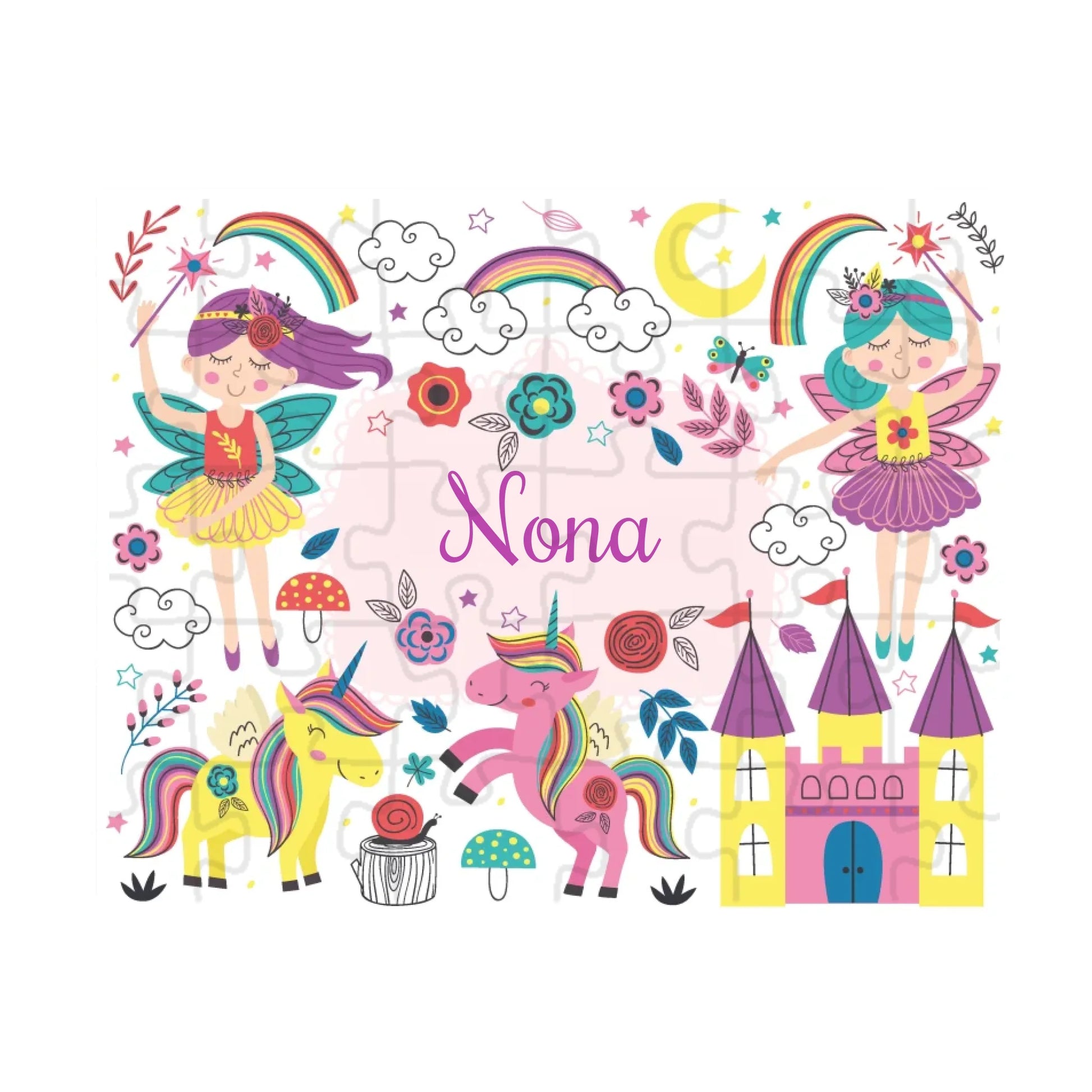 Kids name jigsaw puzzle – fairy tale theme with stars, butterflies, and castles