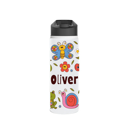 Personalized kids tumbler with garden animals – frog, snail, and butterfly