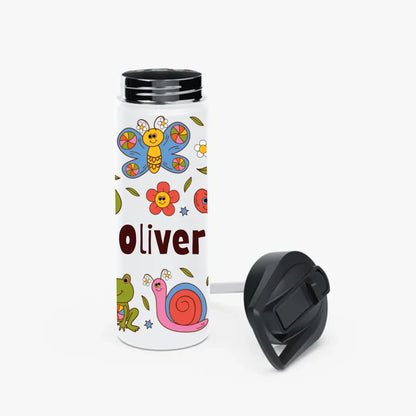 Personalized kids tumbler with garden animals – frog, snail, and butterfly