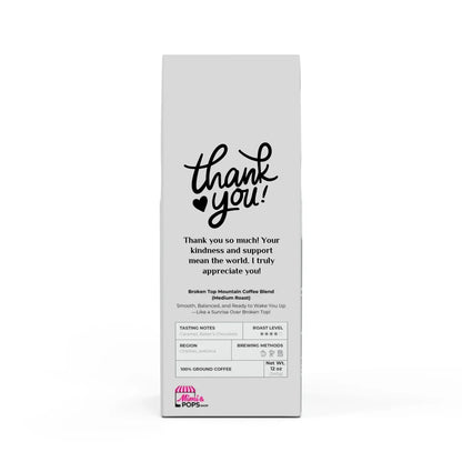 Broken Top Mountain Coffee Blend 12oz bag with personalized label