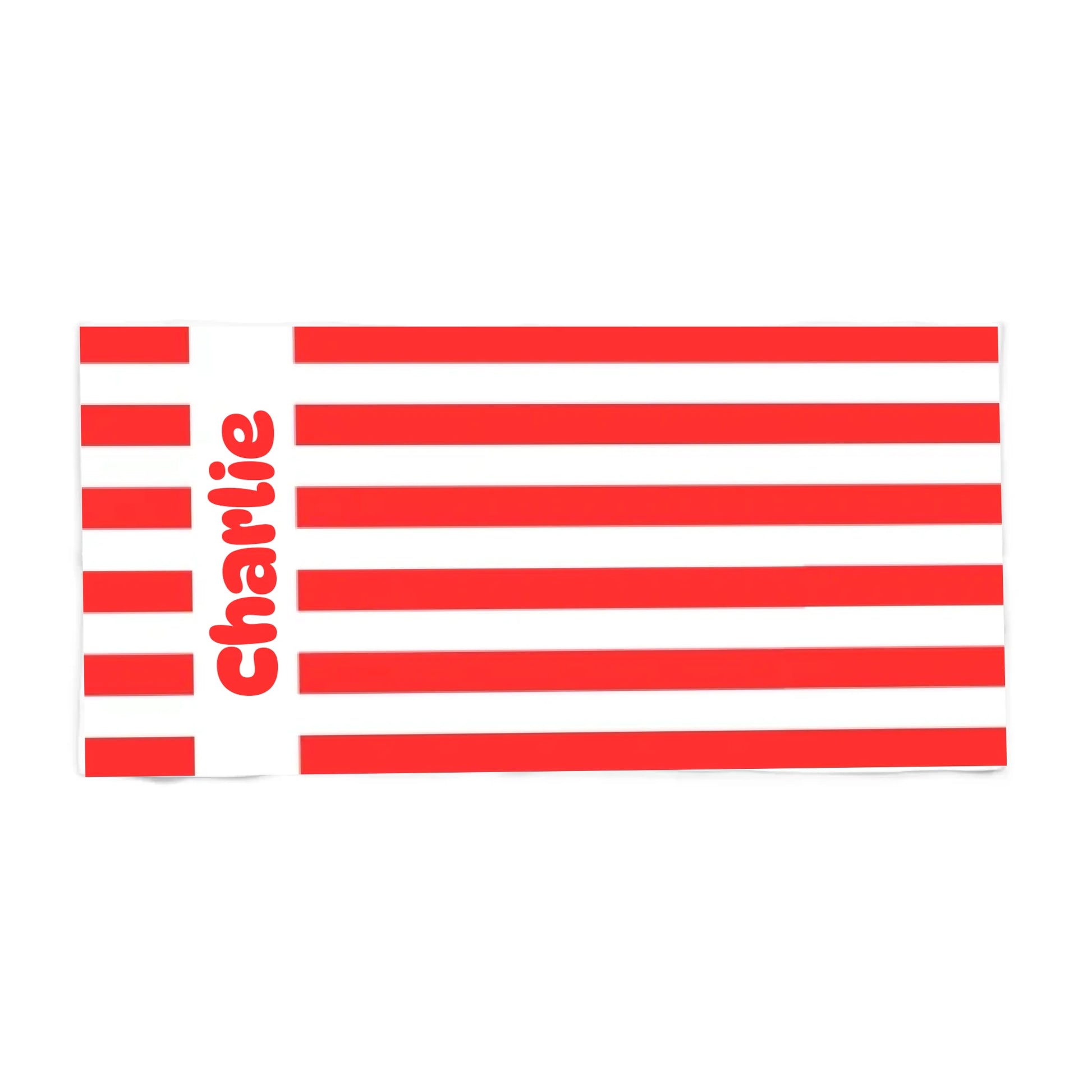 custom name beach towel with red and white stripes
