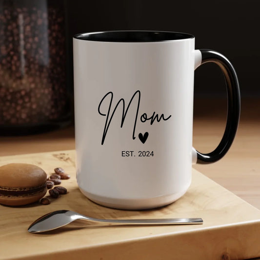 15oz Personalized 'Mom Est. 2024' Coffee Mug – larger white ceramic mug with black accents