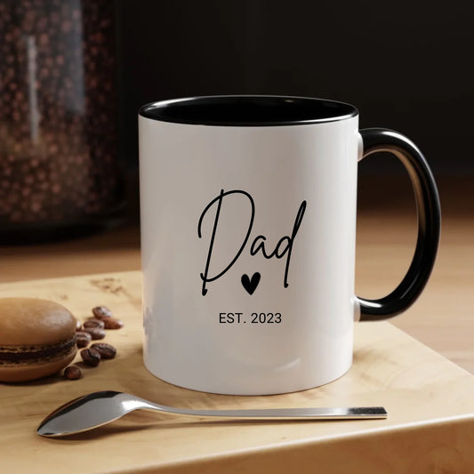Personalized 'Dad Est. 2025' Coffee Mug – 11oz white ceramic mug with black handle and interior