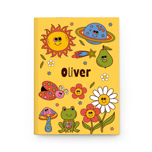 Groovy Garden Friends Personalized Hardback Journal front cover with colorful nature-themed illustrations