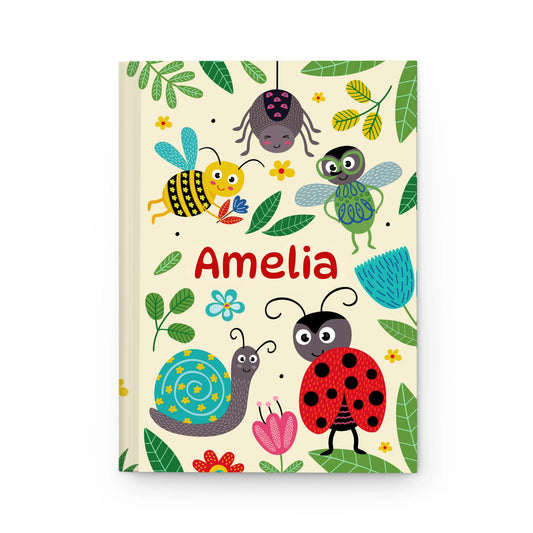 Buggin' Out Personalized Hardback Journal front cover with colorful bugs and flowers