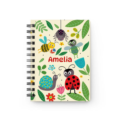 Buggin' Out Personalized Kids' Spiral Journal front cover with colorful bugs and flowers