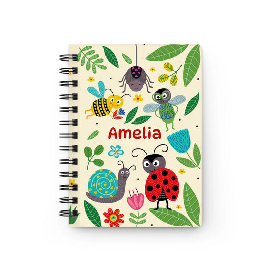 Buggin' Out Personalized Kids' Spiral Journal front cover with colorful bugs and flowers