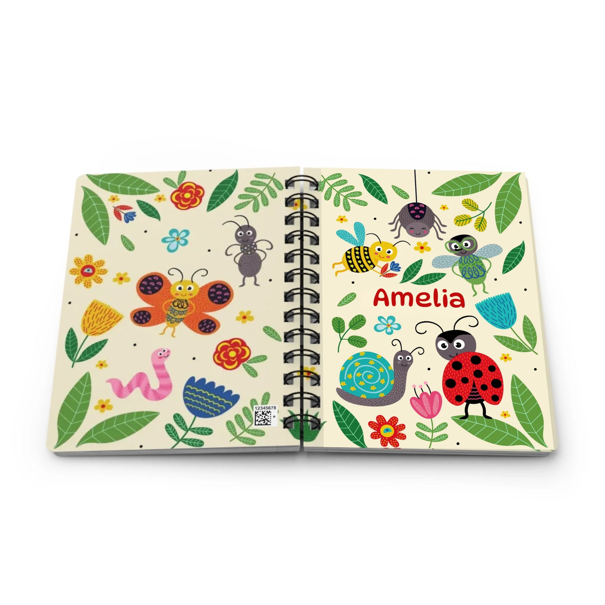 Kid's custom name journal featuring vibrant bug designs