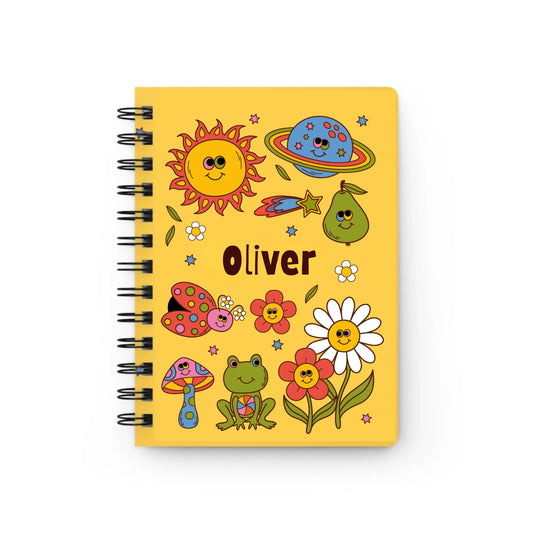 Groovy Garden Friends Personalized Spiral Journal front cover with colorful nature-themed illustrations