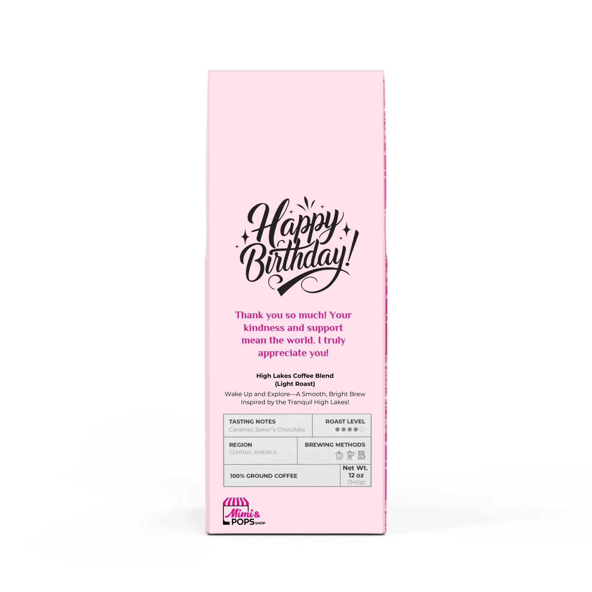 High Lakes Coffee Blend 12oz bag with personalized label