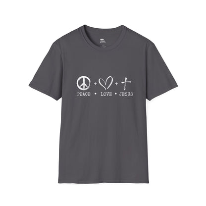 Gray unisex softstyle t-shirt with white 'Child of God' distressed print, laid flat