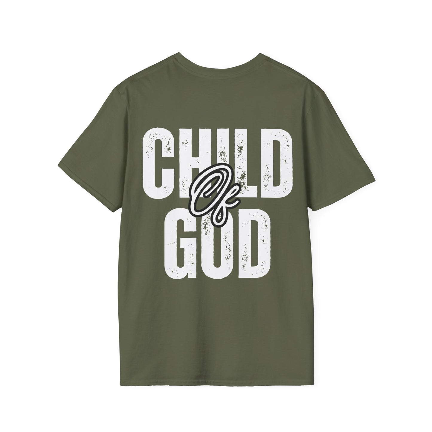 Green unisex softstyle t-shirt with white 'Child of God' distressed print, laid flat