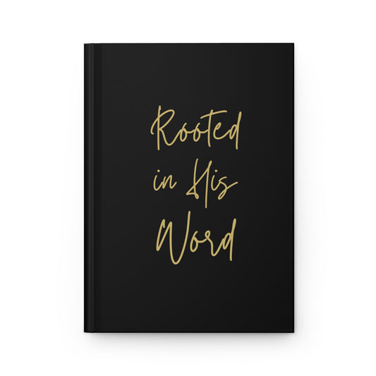 Rooted in His Word journal on a desk with Bible and coffee, perfect for morning devotions