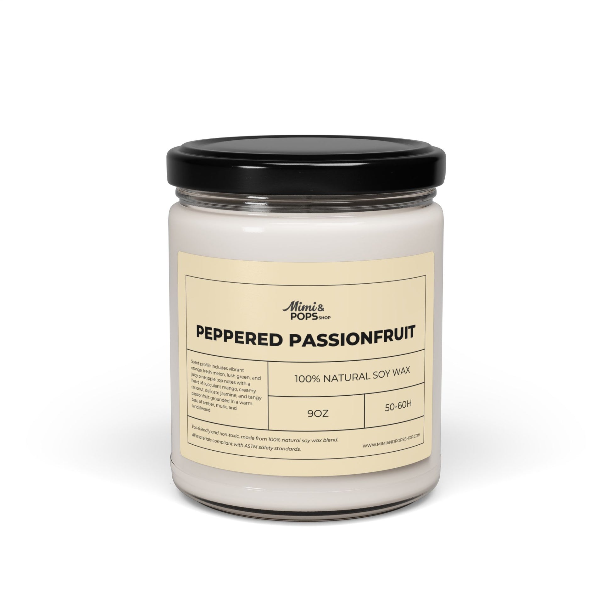Peppered Passionfruit Scented Soy Candle – 9oz glass jar with black lid