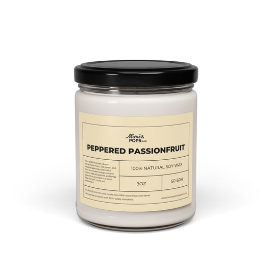 Peppered Passionfruit Scented Soy Candle – 9oz glass jar with black lid