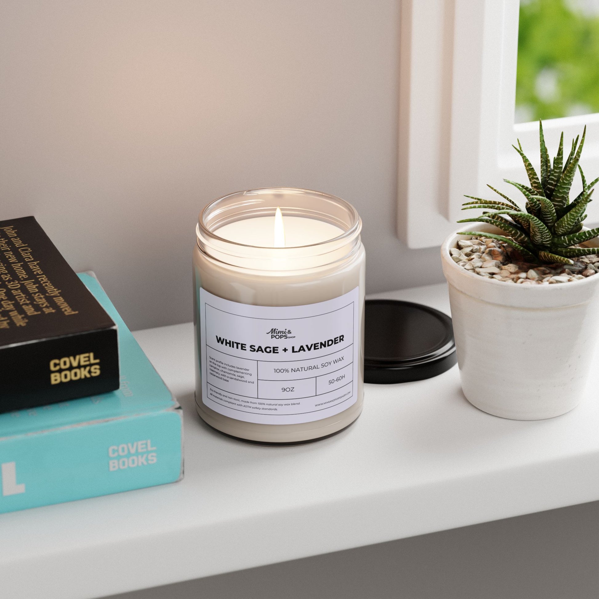 9oz White Sage and Lavender Soy Candle on wooden table with cozy decor