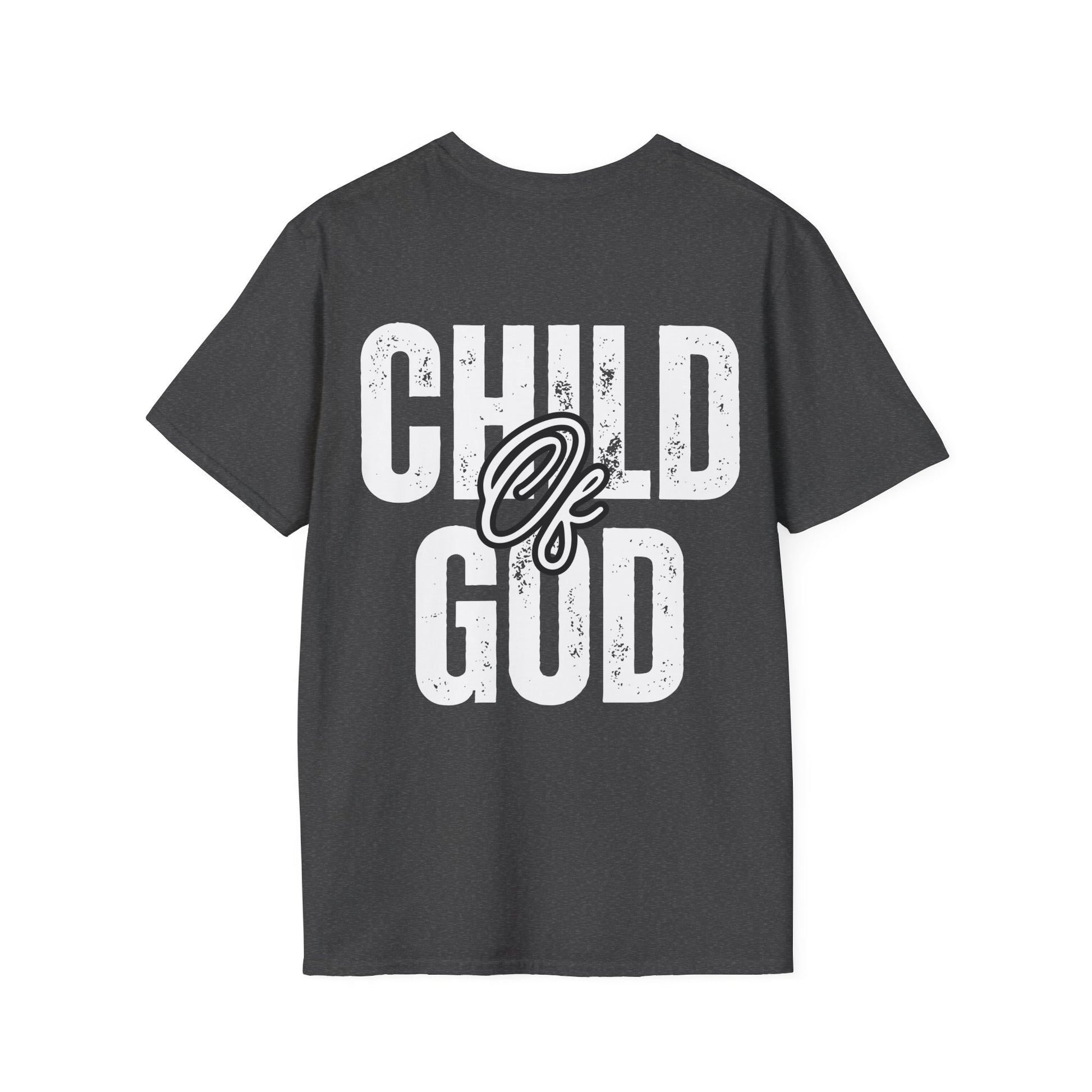 Gray  unisex softstyle t-shirt with white 'Child of God' distressed print, laid flat