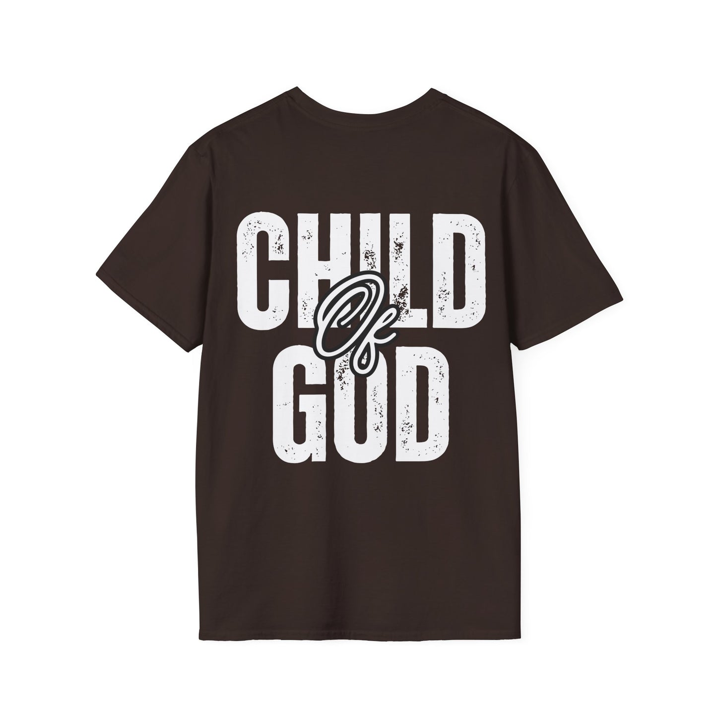 Close-up of white 'Child of God' distressed lettering on brown soft cotton fabric