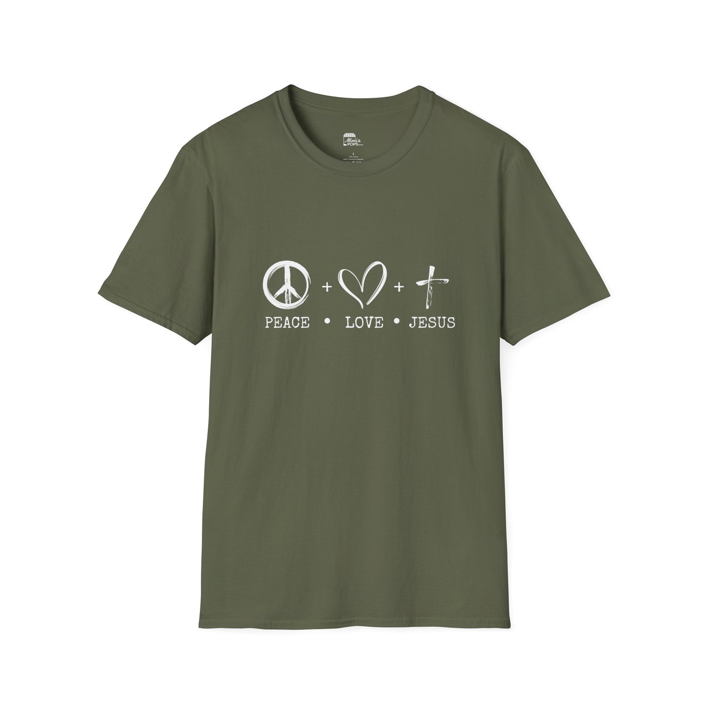 Green unisex softstyle t-shirt with white 'Child of God' distressed print, laid flat