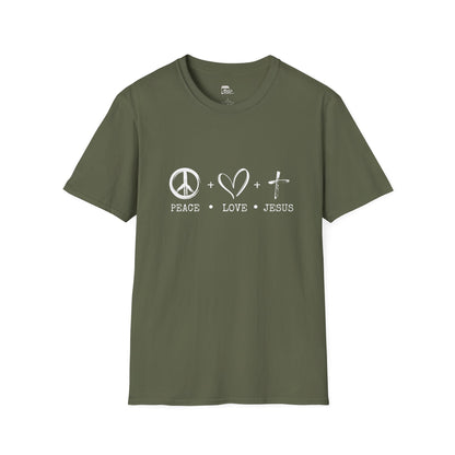 Green unisex softstyle t-shirt with white 'Child of God' distressed print, laid flat